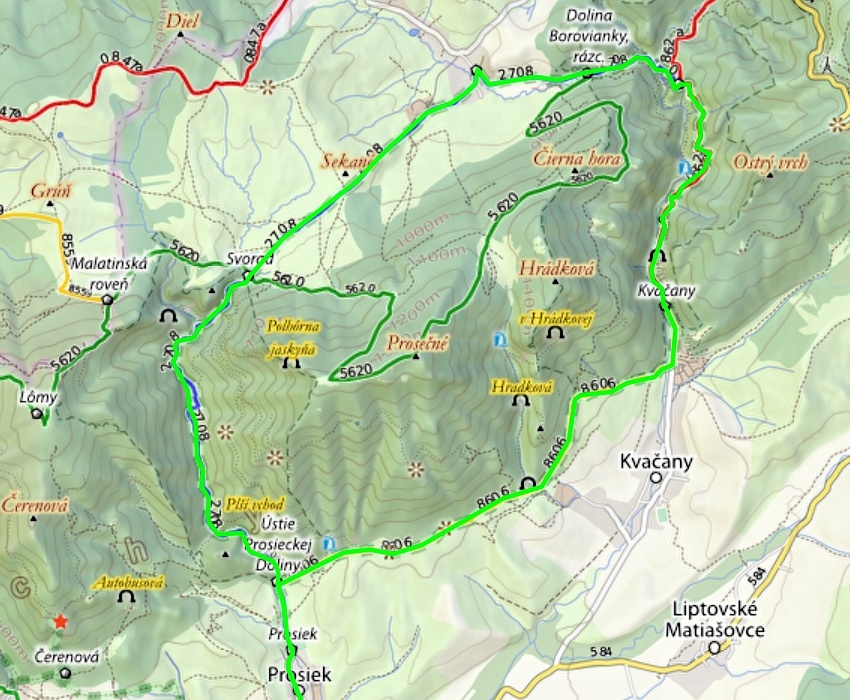 Mapa trasy - Okruh Prosieckou a Kvačianskou dolinou Mapa trasy - Okruh Prosieckou a Kvačianskou dolinou